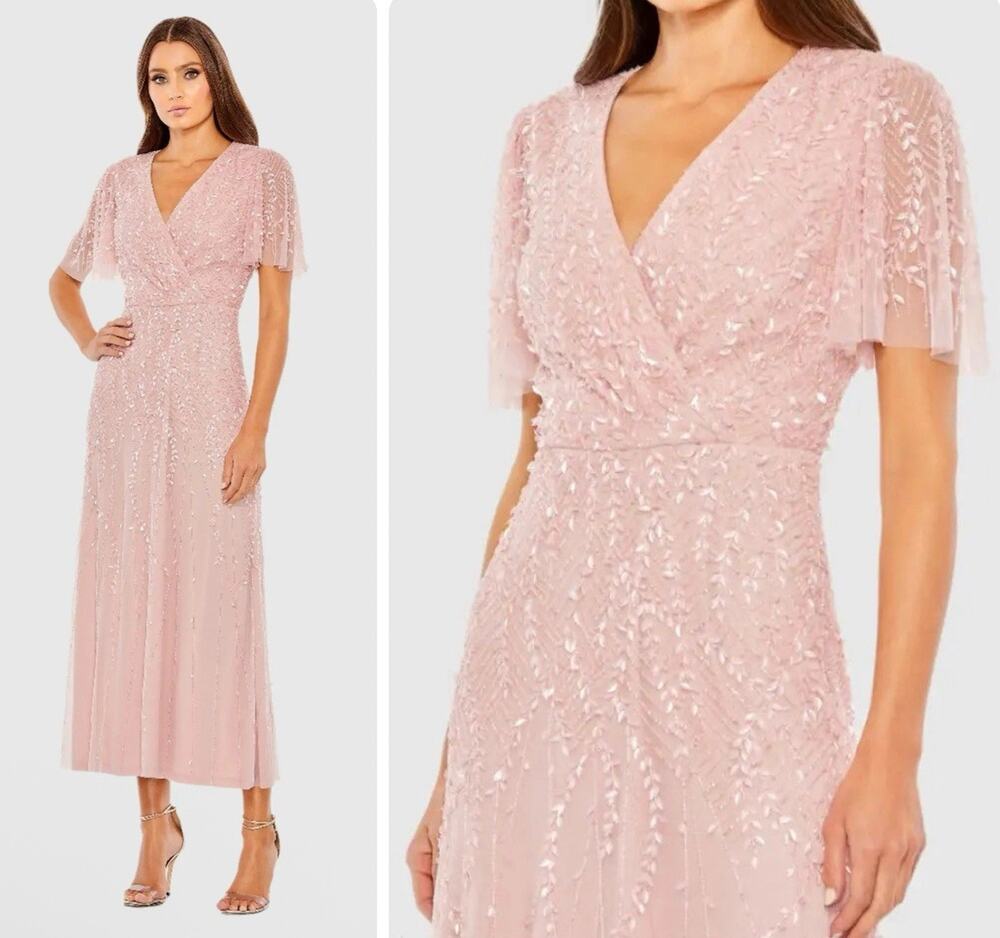Mac Duggal 35116 Pink Beaded Wrap Midi Dress Over Size 4 Butterfly Sleeve NWT